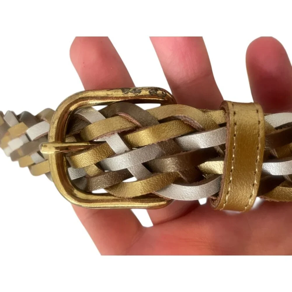 Vintage Tricolor Braided Gold Silver White Leather Belt with Gold Tone Buckle XL